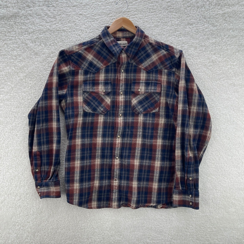 Ariat Shirt Mens L Blue Brown Hendrik Retro Fit Flannel Pearl Snap Western Rodeo